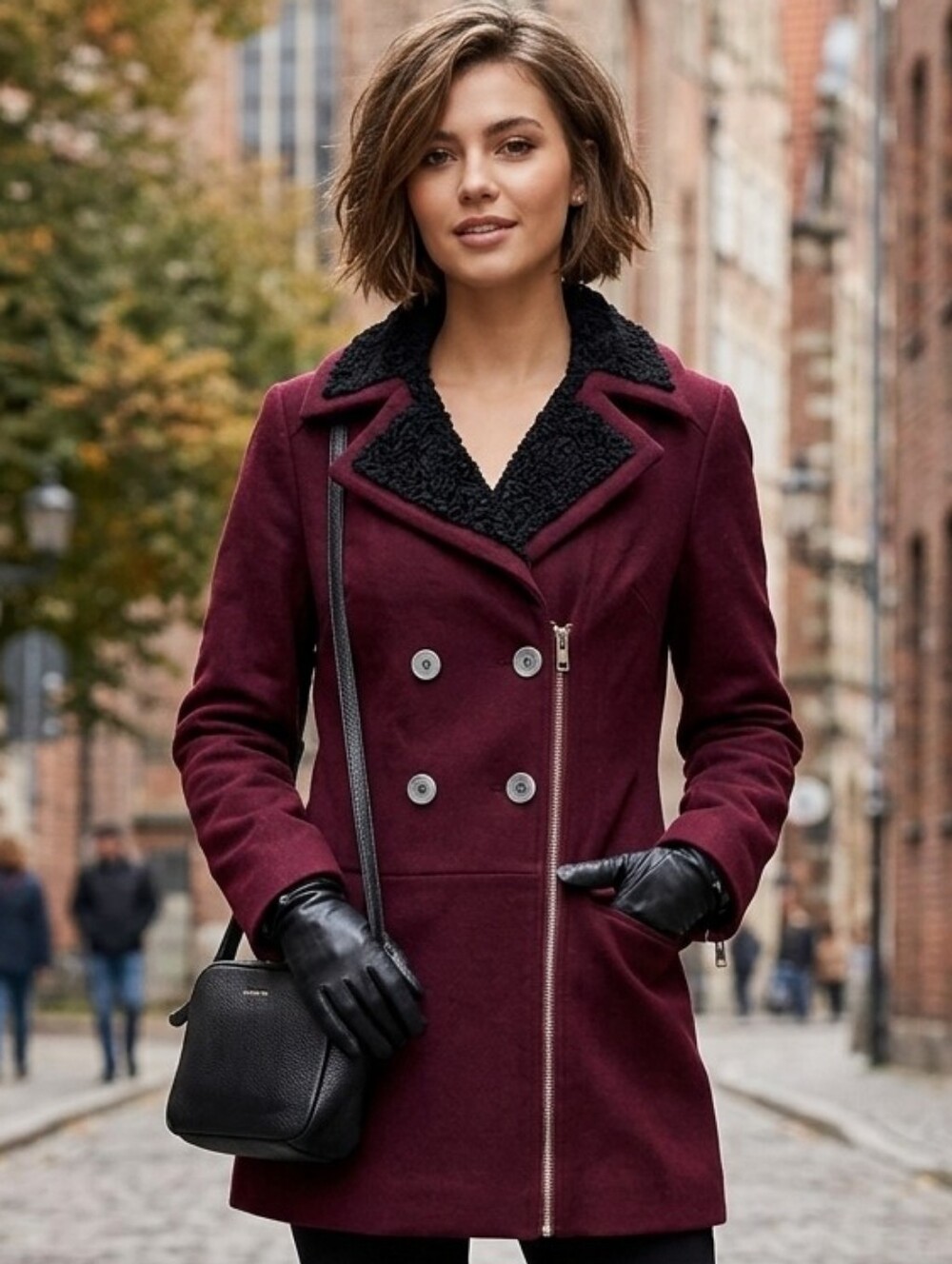 NWT BLANC NOIR PERSIAN LAMB TRIMMED WOOL CAR COAT Burgundy Small